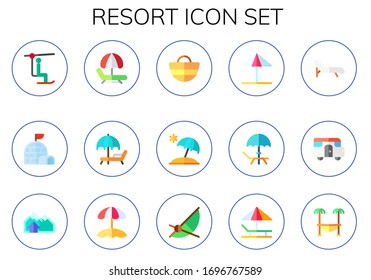 Modern Simple Set of resort Vector flat Icons. Contains such as chairlift, igloo, hammock, sunbed, beach bag, sun umbrella, deck and more Fully Editable and Pixel Perfect icons.