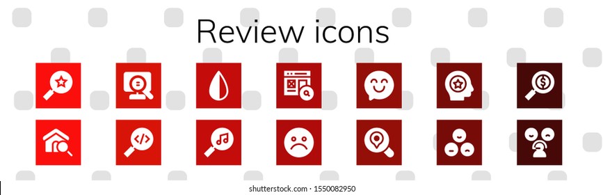 Modern Simple Set of review Vector filled Icons. Contains such as Favorites, Search, Negative, Unhappy, Happy, Favorite, Rate and more Fully Editable and Pixel Perfect icons.
