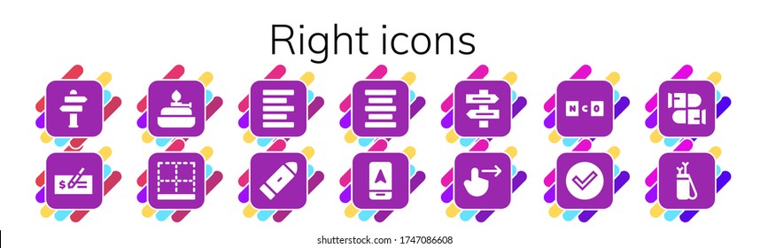 Modern Simple Set of right Vector filled Icons. Contains such as Sign Post, Check, Burner, Bottom, Left alignment, Bullet, Center alignment and more Fully Editable and Pixel Perfect icons.