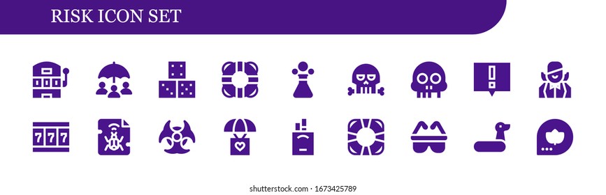 Modern Simple Set of risk Vector filled Icons. Contains such as Slot machine, Insurance, Dice, Lifesaver, Poison, Skull, Alert and more Fully Editable and Pixel Perfect icons.
