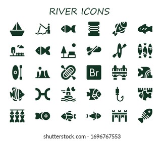 Modern Simple Set of river Vector filled Icons. Contains such as Sailboat, Fishing, Fish, Fishing line, Park, Kayak, Canyon, Rafting and more Fully Editable and Pixel Perfect icons.