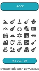 Modern Simple Set of rock Vector filled Icons. Contains such as Mountain, Guitar, Peak, Punk, Tambourine, DJ, Glacier, Landslide and more Fully Editable and Pixel Perfect icons.
