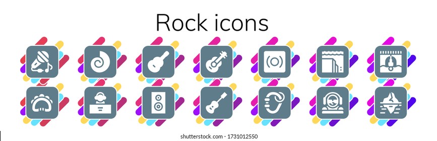 Modern Simple Set of rock Vector filled Icons. Contains such as Sing, Tambourine, Fossil, DJ, Guitar, Subwoofer, Acoustic guitar and more Fully Editable and Pixel Perfect icons.