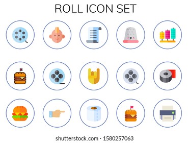 Modern Simple Set of roll Vector flat Icons. Contains such as film reel, burger, punk, papyrus, heavy metal, thimble, threads and more Fully Editable and Pixel Perfect icons.