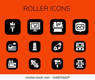 Modern Simple Set of roller Vector filled Icons. Contains such as Painting brush, Roller coaster, Paint, Display, Skateboard, Timing belt and more Fully Editable and Pixel Perfect icons.
