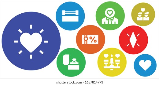 Modern Simple Set of romance Vector filled Icons. Contains such as Love, Ring, Dating, Gift voucher, Diamond, Couple, Heart and more Fully Editable and Pixel Perfect icons.