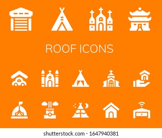 Modern Simple Set of roof Vector filled Icons. Contains such as Garage, Tent, Church, House, Chimney, Dog house and more Fully Editable and Pixel Perfect icons.