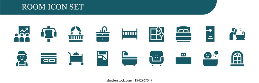 Modern Simple Set of room Vector filled Icons. Contains such as Training, Gym station, Balcony, Sink, Cot, Clean window, Bed, Door hanger and more Fully Editable and Pixel Perfect icons.