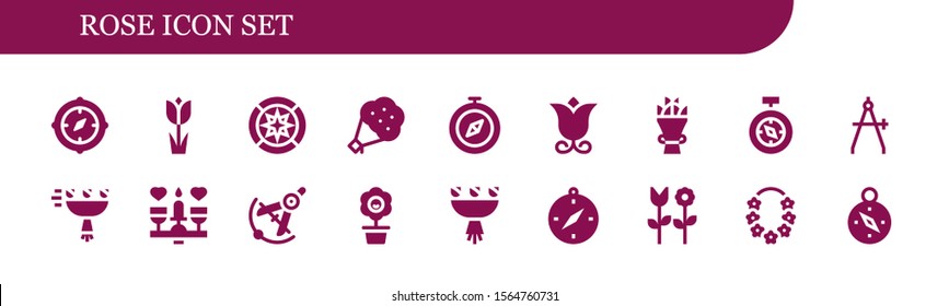 Modern Simple Set of rose Vector filled Icons. Contains such as Compass, Tulip, Wind rose, Bouquet, Flower, Dating and more Fully Editable and Pixel Perfect icons.