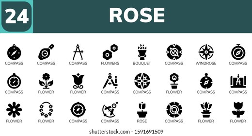 Modern Simple Set of rose Vector filled Icons. Contains such as Compass, Flowers, Bouquet, Windrose, Flower, Rose and more Fully Editable and Pixel Perfect icons.