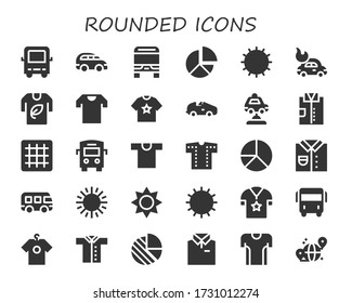 Modern Simple Set of rounded Vector filled Icons. Contains such as Bus, Car, Pie chart, Sun, Tshirt, Shirt, Grid and more Fully Editable and Pixel Perfect icons.