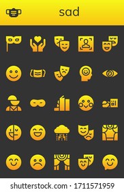 Modern Simple Set of sad Vector filled Icons. Contains such as Mask, Emotion, Masks, Face, Theatre, Happy, Theater, Happiness and more Fully Editable and Pixel Perfect icons.