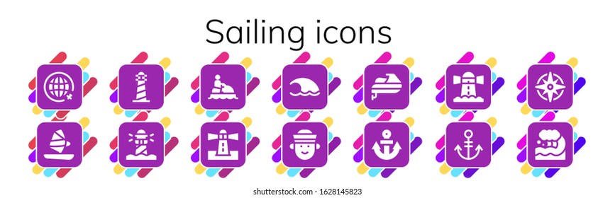 Modern Simple Set of sailing Vector filled Icons. Contains such as Travel, Windsurf, Lighthouse, Jet ski, Wave, Sailor, Anchor and more Fully Editable and Pixel Perfect icons.