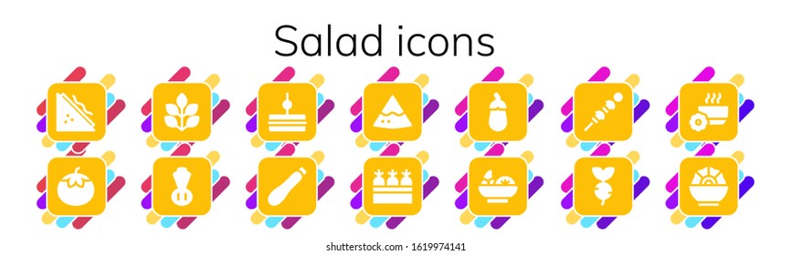 Modern Simple Set of salad Vector filled Icons. Contains such as Sandwich, Tomato, Spinach, Chives, Courgette, Nachos, Carrots and more Fully Editable and Pixel Perfect icons.