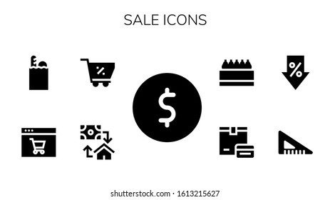 Modern Simple Set of sale Vector filled Icons. Contains such as Coin, Mortgage, Shopping cart, Online shop, Groceries, Set square and more Fully Editable and Pixel Perfect icons.
