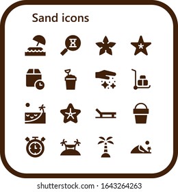 Modern Simple Set of sand Vector filled Icons. Contains such as Island, Sandclock, Starfish, Wait time, Sand bucket, Dust, Wheelbarrow and more Fully Editable and Pixel Perfect icons.