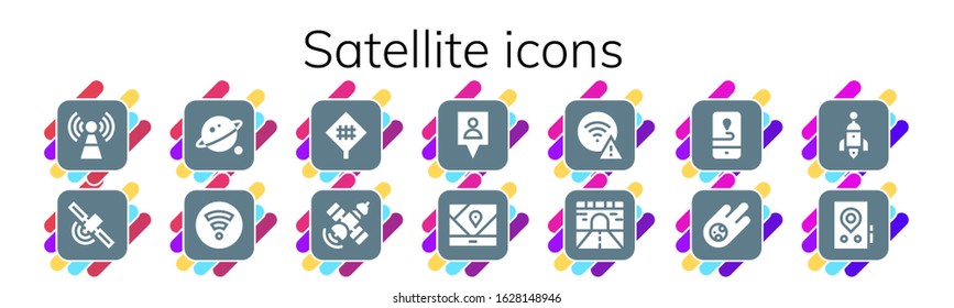 Modern Simple Set Of Satellite Vector Filled Icons. Contains Such As Signal, Orbit, Wifi, Road Sign, Satellite, Gps, Road, Meteorite And More Fully Editable And Pixel Perfect Icons.