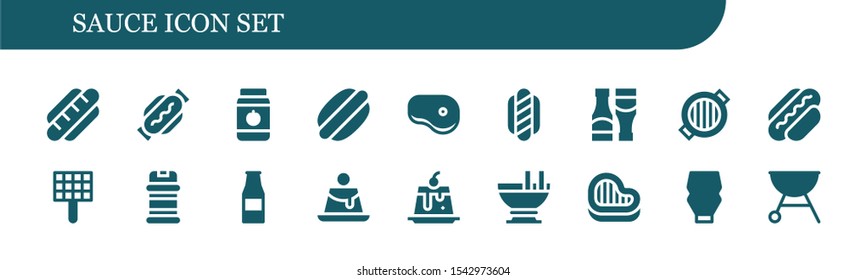 Modern Simple Set of sauce Vector filled Icons. Contains such as Hot dog, Jar, Steak, Sauces, Grill, Condiments, Ketchup bottle and more Fully Editable and Pixel Perfect icons.