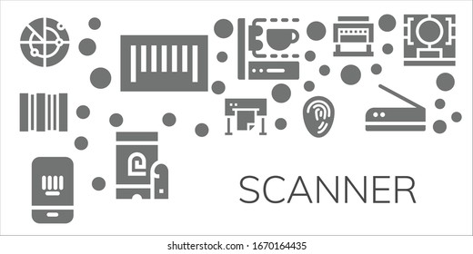 Modern Simple Set of scanner Vector filled Icons. Contains such as Radar, Barcode, Plotter, Fingerprint, 3d printing scanner, Guillotine and more Fully Editable and Pixel Perfect icons.