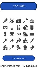 Modern Simple Set of scissors Vector filled Icons. Contains such as Comb, Scissors, Font, Makeup, Open, Tape, Awl, Make up, Eraser and more Fully Editable and Pixel Perfect icons.