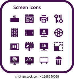 Modern Simple Set of screen Vector filled Icons. Contains such as Desk, Browser, Print, Encryption, Strip, Tablet, Television and more Fully Editable and Pixel Perfect icons.