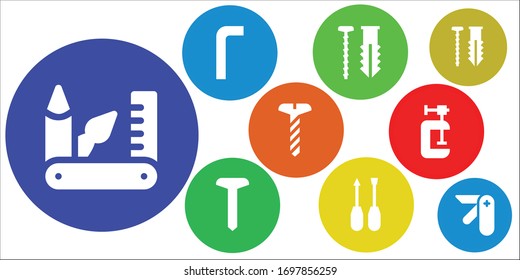 Modern Simple Set of screw Vector filled Icons. Contains such as Swiss army knife, Allen keys, Screw, Screwdriver, Clamp, Pocket knife and more Fully Editable and Pixel Perfect icons.