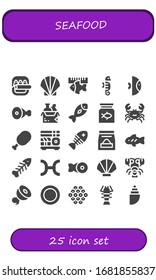 Modern Simple Set of seafood Vector filled Icons. Contains such as Fish, Seashell, Seahorse, Meat, Food, Fish food, Crab, Sushi and more Fully Editable and Pixel Perfect icons.