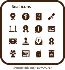 Modern Simple Set of seal Vector filled Icons. Contains such as Webcam, Question mark, Certificate, Diploma, Trapeze, Quality and more Fully Editable and Pixel Perfect icons.