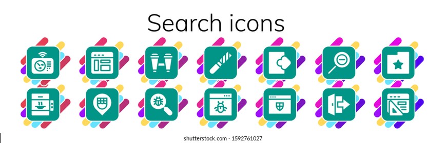 Modern Simple Set of search Vector filled Icons. Contains such as Radar, Elevator, Browser, Location, Binoculars, Virus search and more Fully Editable and Pixel Perfect icons.