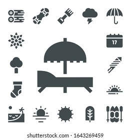 Modern Simple Set of season Vector filled Icons. Contains such as Woods, Snowflake, Tree, Sunbed, Sock, Saint Patrick, Fireworks and more Fully Editable and Pixel Perfect icons.