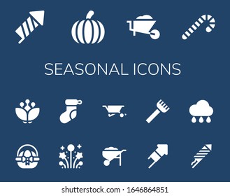 Moderno y sencillo conjunto de iconos llenos de vectores de temporada. Contiene como Firecracker, Pumpkin, Wheelbarrow, Candy cane, huevo de Pascua y más iconos Totalmente Editables y Pixel Perfect.