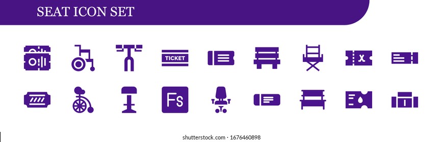 Modern Simple Set of seat Vector filled Icons. Contains such as Ticket, Wheelchair, Handlebar, Bench, Chair, Plane ticket, Unicycle and more Fully Editable and Pixel Perfect icons.