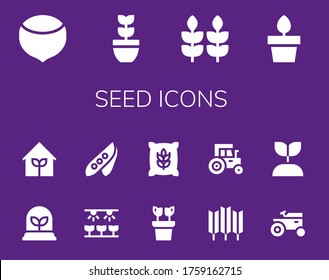Modern Simple Set of seed Vector filled Icons. Contains such as Hazelnut, Plant, Wheat, Plants, Garden, Farm, Pea, Tractor, Growing plant and more Fully Editable and Pixel Perfect icons.