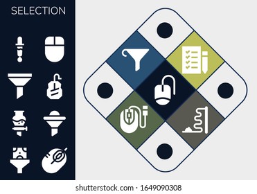 Modern Simple Set of selection Vector filled Icons. Contains such as Mouse, Funnel, Color picker, Shopping list and more Fully Editable and Pixel Perfect icons.