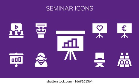 Modern Simple Set of seminar Vector filled Icons. Contains such as Presentation, Employee, Learning, Meeting, Director and more Fully Editable and Pixel Perfect icons.