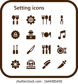 Modern Simple Set of setting Vector filled Icons. Contains such as Spoon, Settings, Cutlery, Fork, DJ, Music, Screwdriver, Knife and more Fully Editable and Pixel Perfect icons.