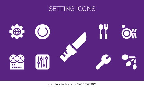 Modern Simple Set of setting Vector filled Icons. Contains such as Knife, Settings, Plate, Music, Spoons, Cutlery and more Fully Editable and Pixel Perfect icons.