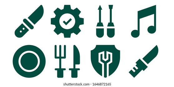 Modern Simple Set of setting Vector filled Icons. Contains such as Plate, Knife, Cutlery, Settings, Screwdriver, Music and more Fully Editable and Pixel Perfect icons.