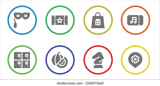 Modern Simple Set of shadow Vector filled Icons. Contains such as Eye mask, Lockers, Ticket, Watermelon, Shopping bag, Horse, Place and more Fully Editable and Pixel Perfect icons.