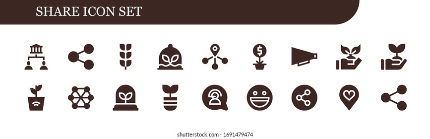 Modern Simple Set of share Vector filled Icons. Contains such as Sharing, Share, Growing plant, Plant, Connection, Communication and more Fully Editable and Pixel Perfect icons.
