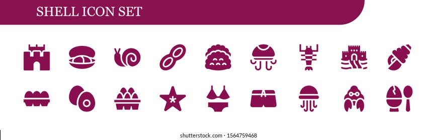 Modern Simple Set of shell Vector filled Icons. Contains such as Sand castle, Mussel, Snail, Peanut, Tacos, Jellyfish, Lobster and more Fully Editable and Pixel Perfect icons.