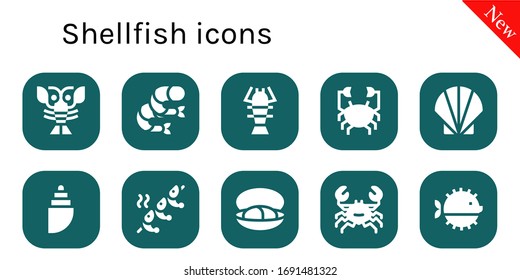 Modern Simple Set of shellfish Vector filled Icons. Contains such as Lobster, Shrimp, Crab, Seashell, Shell, Mussel, Puffer fish and more Fully Editable and Pixel Perfect icons.