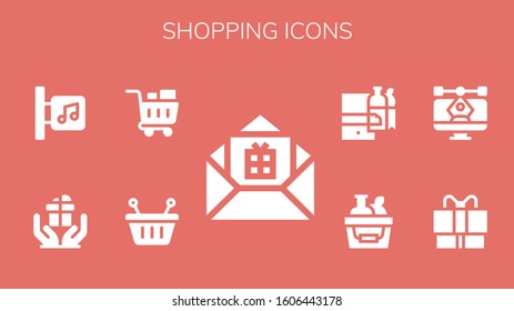 Modern Simple Set of shopping Vector filled Icons. Contains such as Gift, Basket, Shopping cart, Music store, Vector, Shopping basket and more Fully Editable and Pixel Perfect icons.