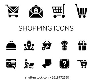 Modern Simple Set of shopping Vector filled Icons. Contains such as Shopping cart, Gift, Music store, Purse, Shopping, Vector and more Fully Editable and Pixel Perfect icons.