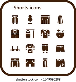 Modern Simple Set of shorts Vector filled Icons. Contains such as Sweatpants, Punching bag, Pants, Skirt, Clothes, Coconut water and more Fully Editable and Pixel Perfect icons.