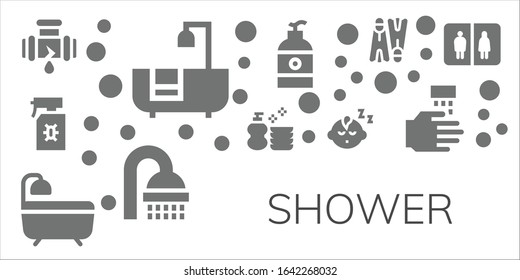 Modern Simple Set of shower Vector filled Icons. Contains such as Leak, Bathtub, Spray, Wash, Bath, Baby boy, Soap, Shower, Flippers and more Fully Editable and Pixel Perfect icons.