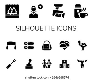 Modern Simple Set of silhouette Vector filled Icons. Contains such as Flood, Add user, Cctv, Thermo, Fork, Saw, Joystick, Woods and more Fully Editable and Pixel Perfect icons.