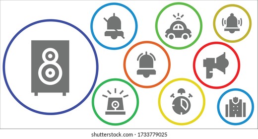 Modern Simple Set of siren Vector filled Icons. Contains such as Loudspeaker, Alarm, Police car, Siren, Police station and more Fully Editable and Pixel Perfect icons.