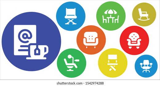 Modern Simple Set of sit Vector filled Icons. Contains such as Wait, Chair, Chairs, Armchair, Rocking chair, Desk chair and more Fully Editable and Pixel Perfect icons.