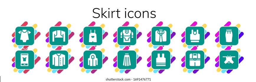 Modern Simple Set of skirt Vector filled Icons. Contains such as Baby clothes, Fashion, Bolero, Cardigan, Overall, Hoodie, Tunic and more Fully Editable and Pixel Perfect icons.